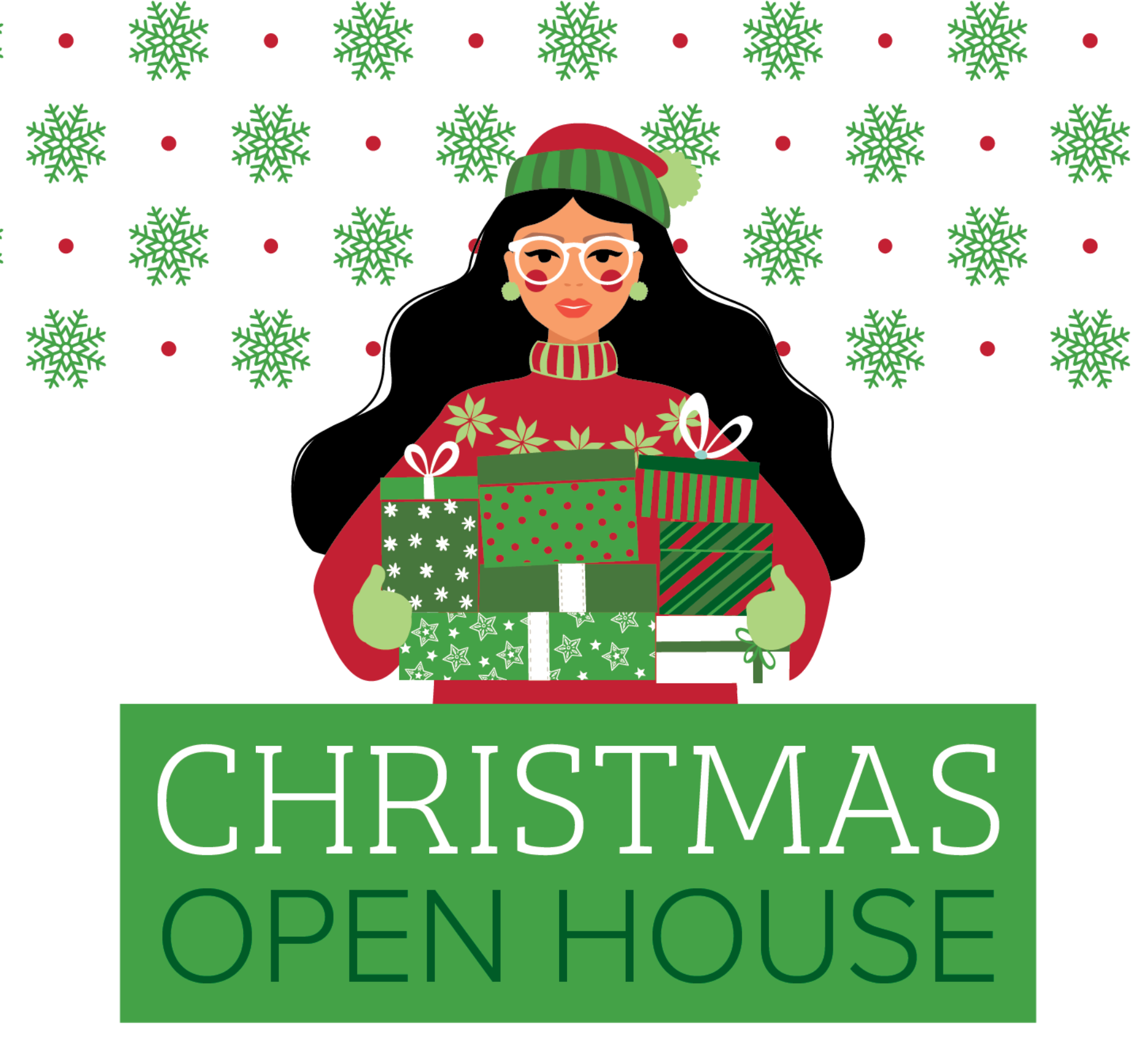 graphic of woman holding christmas gifts with "Christmas Open House" verbiage underneath her