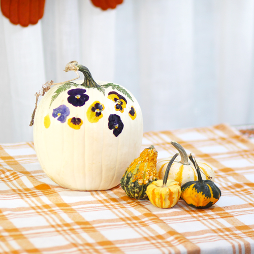 pumpkin with pansies and ferns