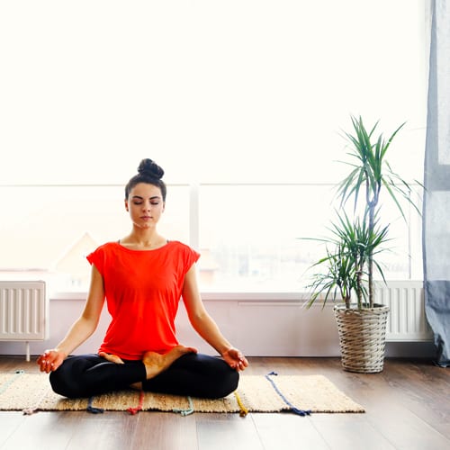 woman relaxing with indoor plants